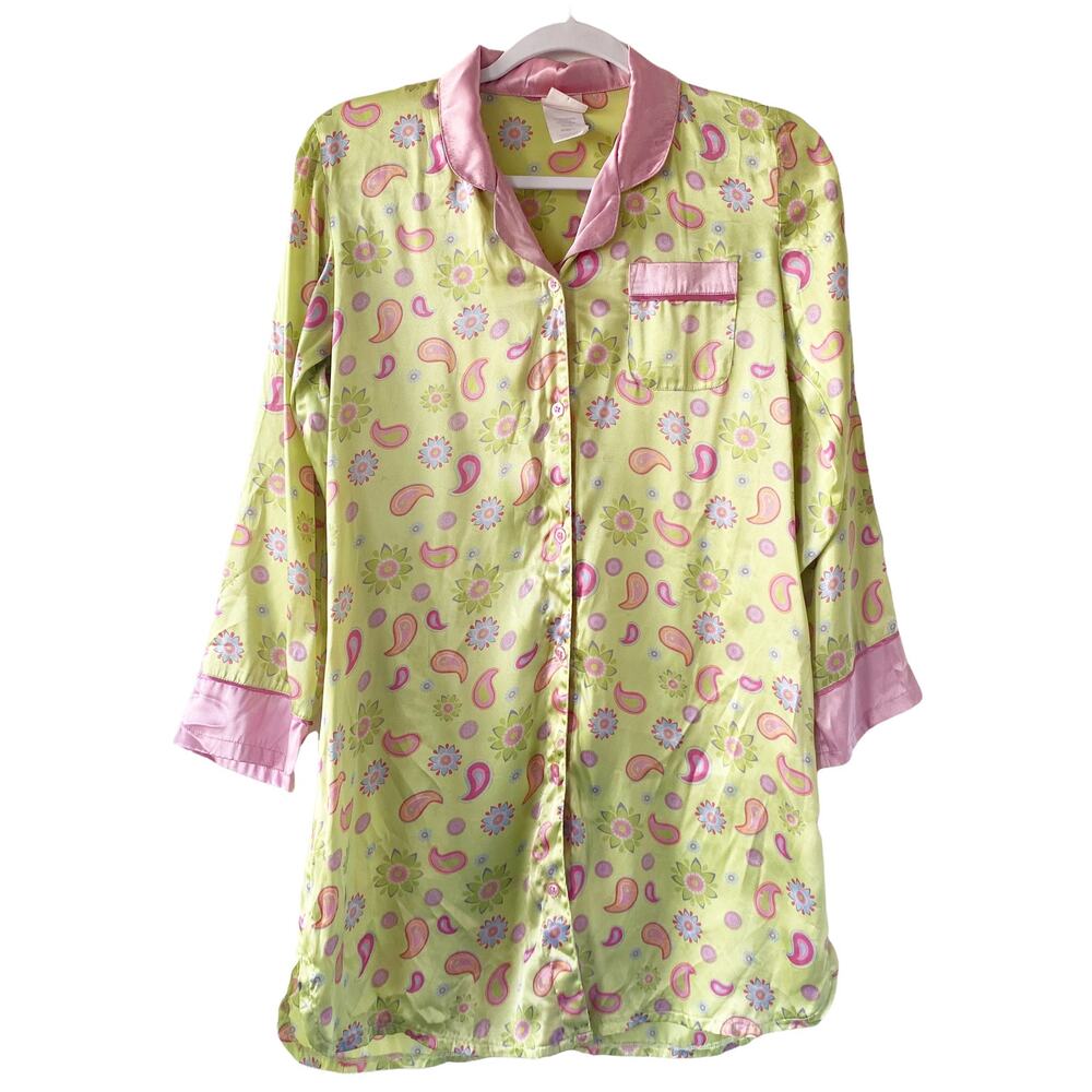Vintage Xhilaration Womens Size L Green Pink Paisley Button Up Slip Dress